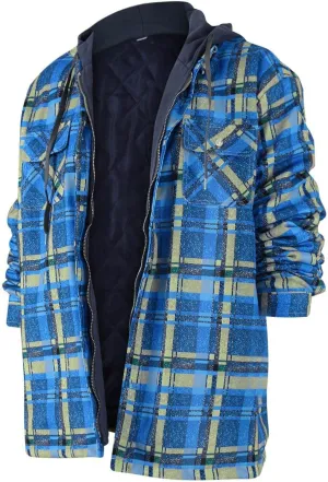 Plaid Jacket Mens Hooded Quilted Lined Flannel Shirt Jacket Long Sleeve Full Zip Jackets Winter Thick Warm Coat