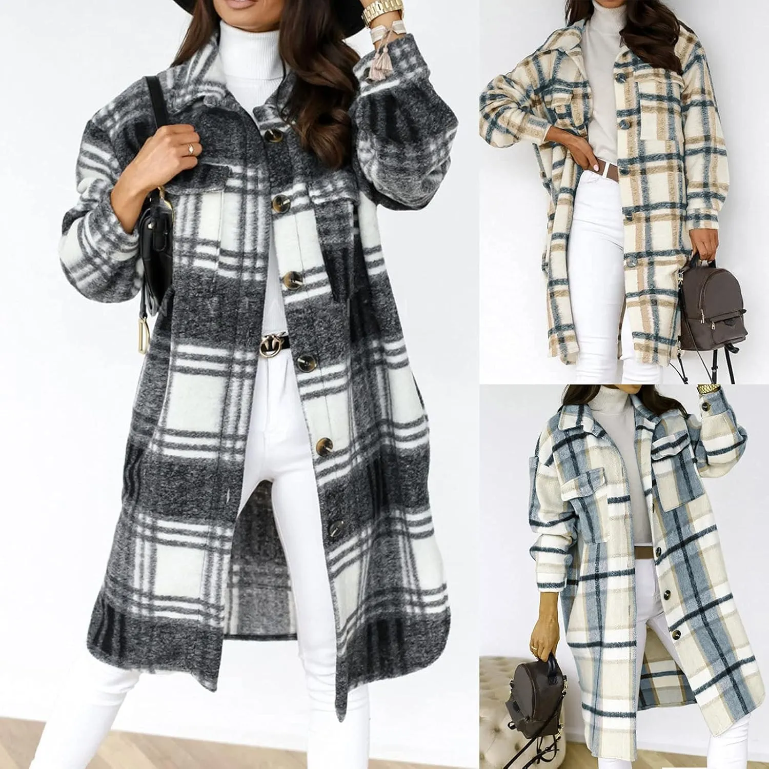Plaid Jackets for Women Button Down Shacket Jacket Lapel Collar Long Wool Blend Coat Casual Flannel Jacket