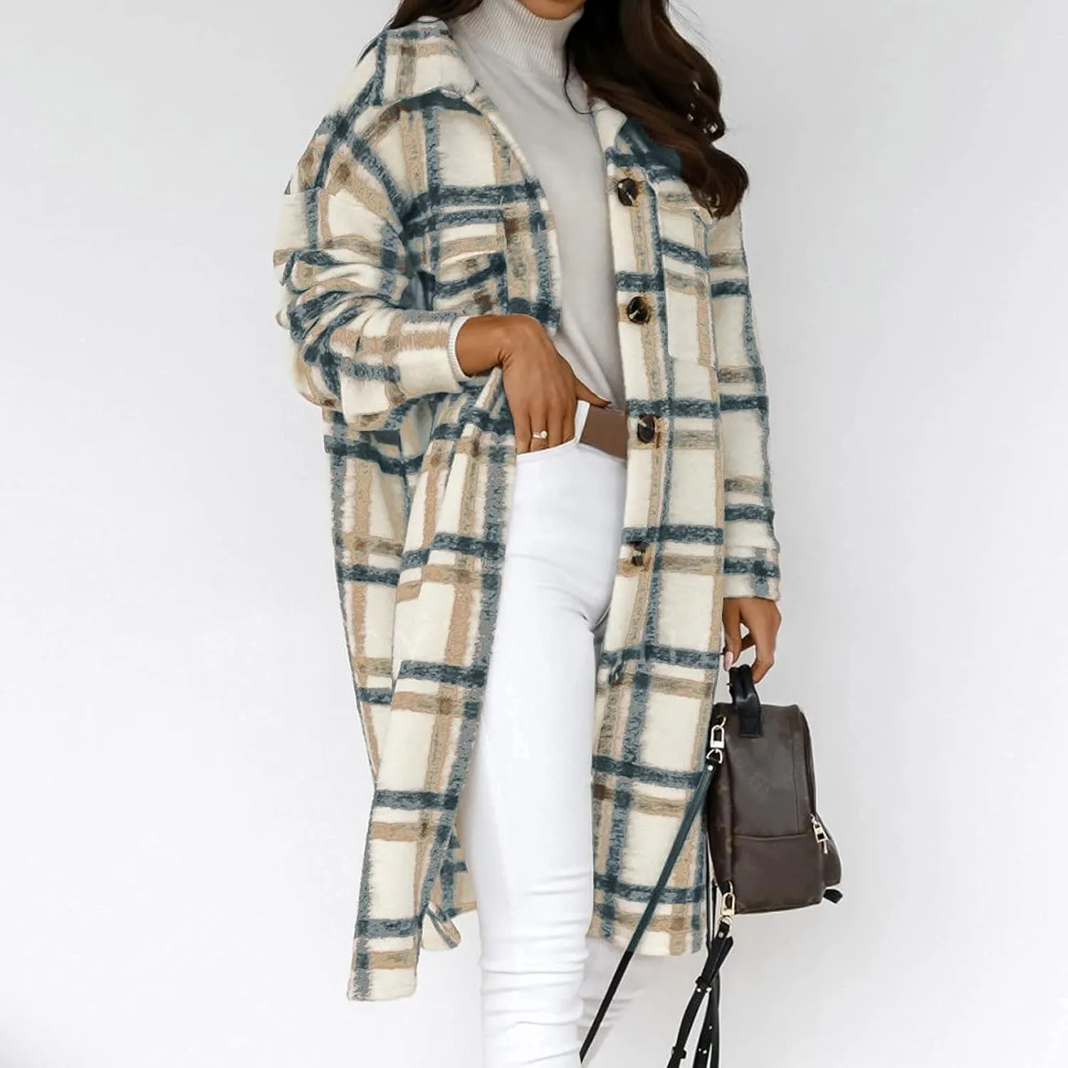 Plaid Jackets for Women Button Down Shacket Jacket Lapel Collar Long Wool Blend Coat Casual Flannel Jacket