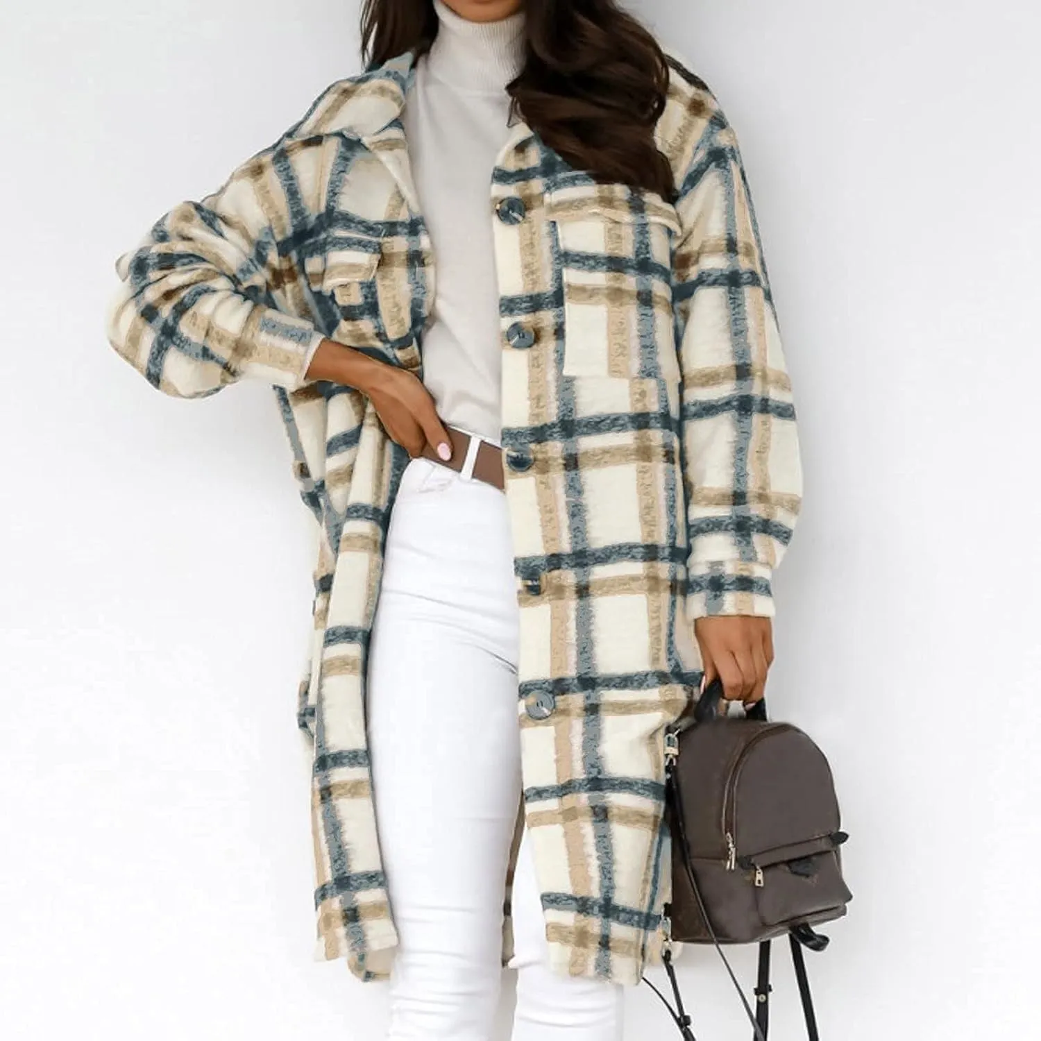 Plaid Jackets for Women Button Down Shacket Jacket Lapel Collar Long Wool Blend Coat Casual Flannel Jacket