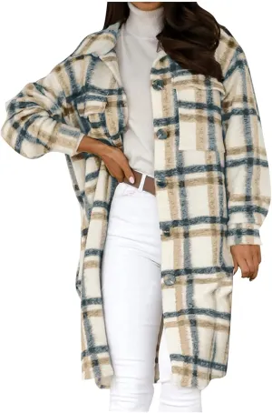 Plaid Jackets for Women Button Down Shacket Jacket Lapel Collar Long Wool Blend Coat Casual Flannel Jacket