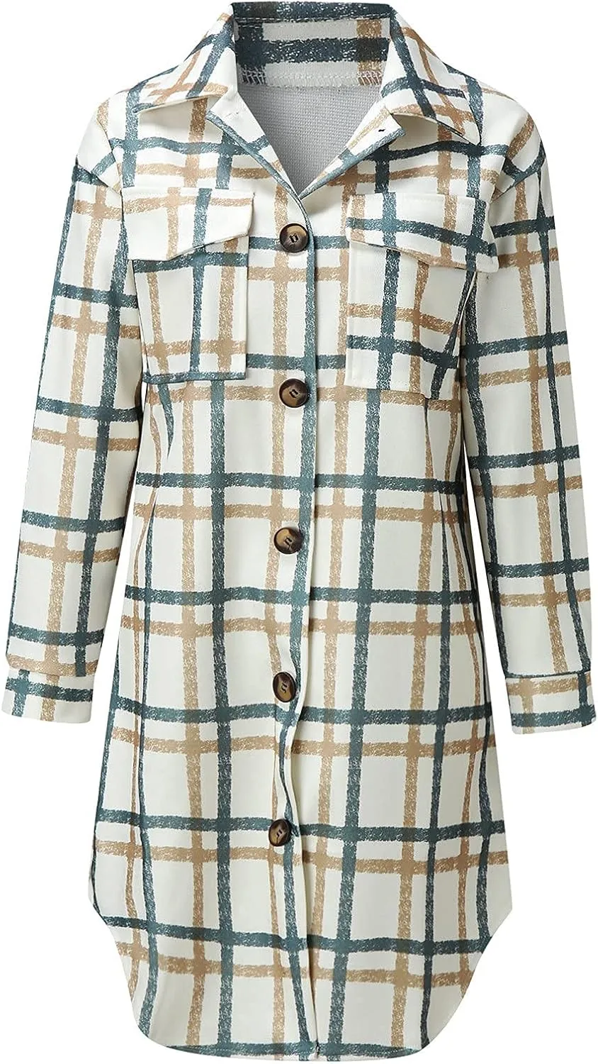Plaid Jackets for Women Button Down Shacket Jacket Lapel Collar Long Wool Blend Coat Casual Flannel Jacket