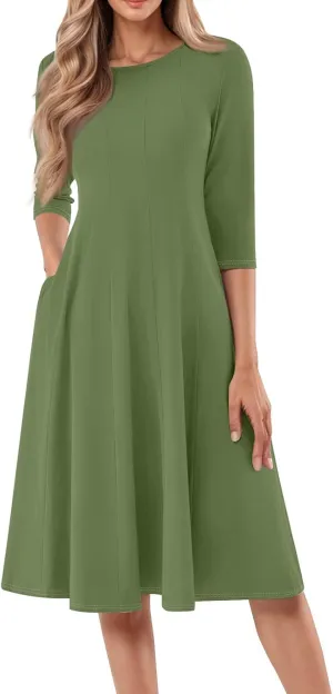 Plus Size Dresses for Curvy Women Casual Loose Trendy Crew Neck 3/4 Sleeve Solid Midi Dress Plus Size, S-3XL