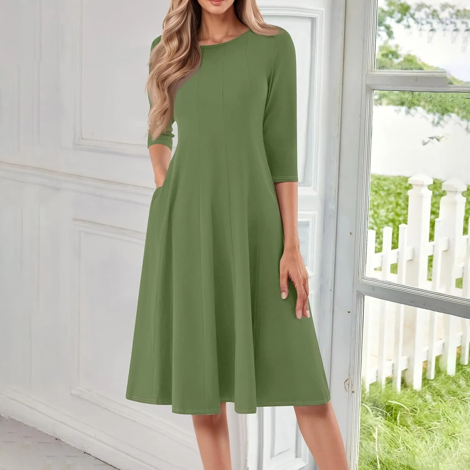Plus Size Dresses for Curvy Women Casual Loose Trendy Crew Neck 3/4 Sleeve Solid Midi Dress Plus Size, S-3XL