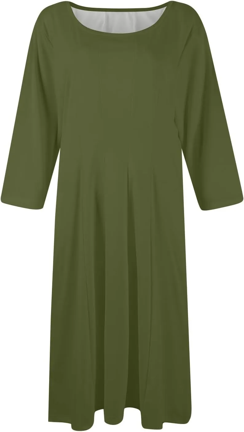 Plus Size Dresses for Curvy Women Casual Loose Trendy Crew Neck 3/4 Sleeve Solid Midi Dress Plus Size, S-3XL
