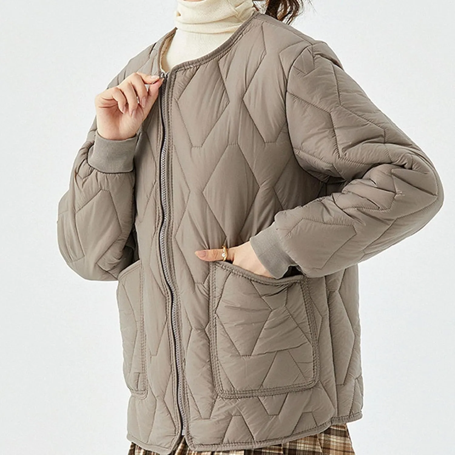 Plus Size Puffer Jacket Women Winter Lightweight Cotton Casual Sport Overcoat Trendy Warm Crewneck Zip Up Down Jacket