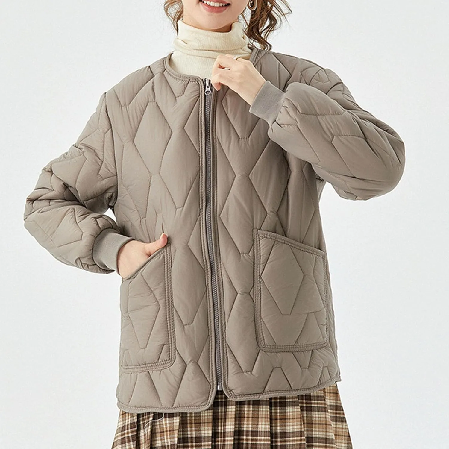Plus Size Puffer Jacket Women Winter Lightweight Cotton Casual Sport Overcoat Trendy Warm Crewneck Zip Up Down Jacket