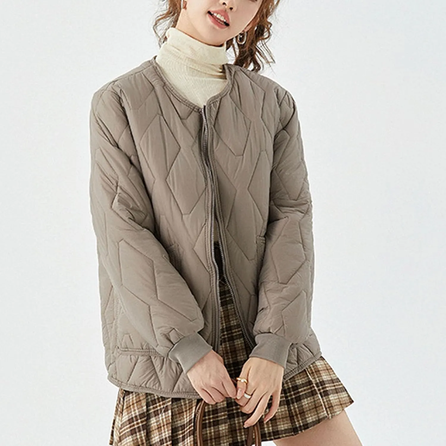 Plus Size Puffer Jacket Women Winter Lightweight Cotton Casual Sport Overcoat Trendy Warm Crewneck Zip Up Down Jacket