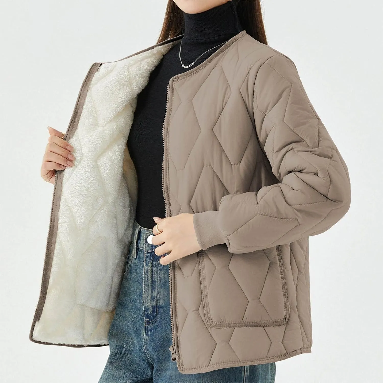 Plus Size Puffer Jacket Women Winter Lightweight Cotton Casual Sport Overcoat Trendy Warm Crewneck Zip Up Down Jacket