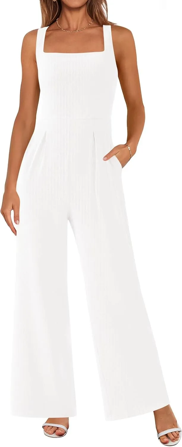 PRETTYGARDEN Summer Sleeveless Jumpsuits for Women Dressy Square Neck Wide Leg Pants Knitted One Piece Rompers with Pockets