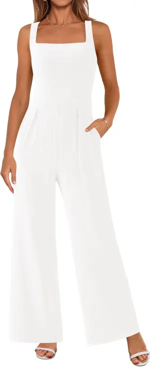 PRETTYGARDEN Summer Sleeveless Jumpsuits for Women Dressy Square Neck Wide Leg Pants Knitted One Piece Rompers with Pockets