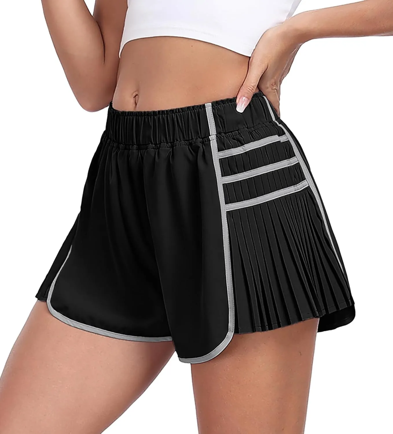 PrinStory Women's Running Shorts Quick Dry Gym Athletic High Waisted Elastic Workout Sporty Shorts with Liner