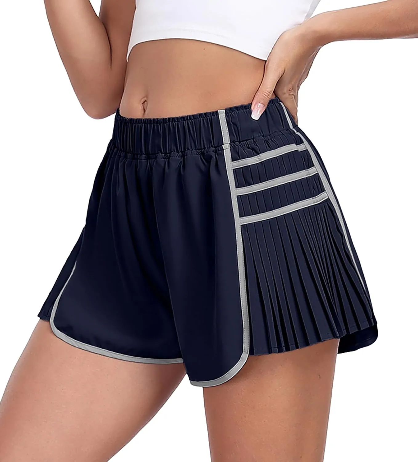PrinStory Women's Running Shorts Quick Dry Gym Athletic High Waisted Elastic Workout Sporty Shorts with Liner