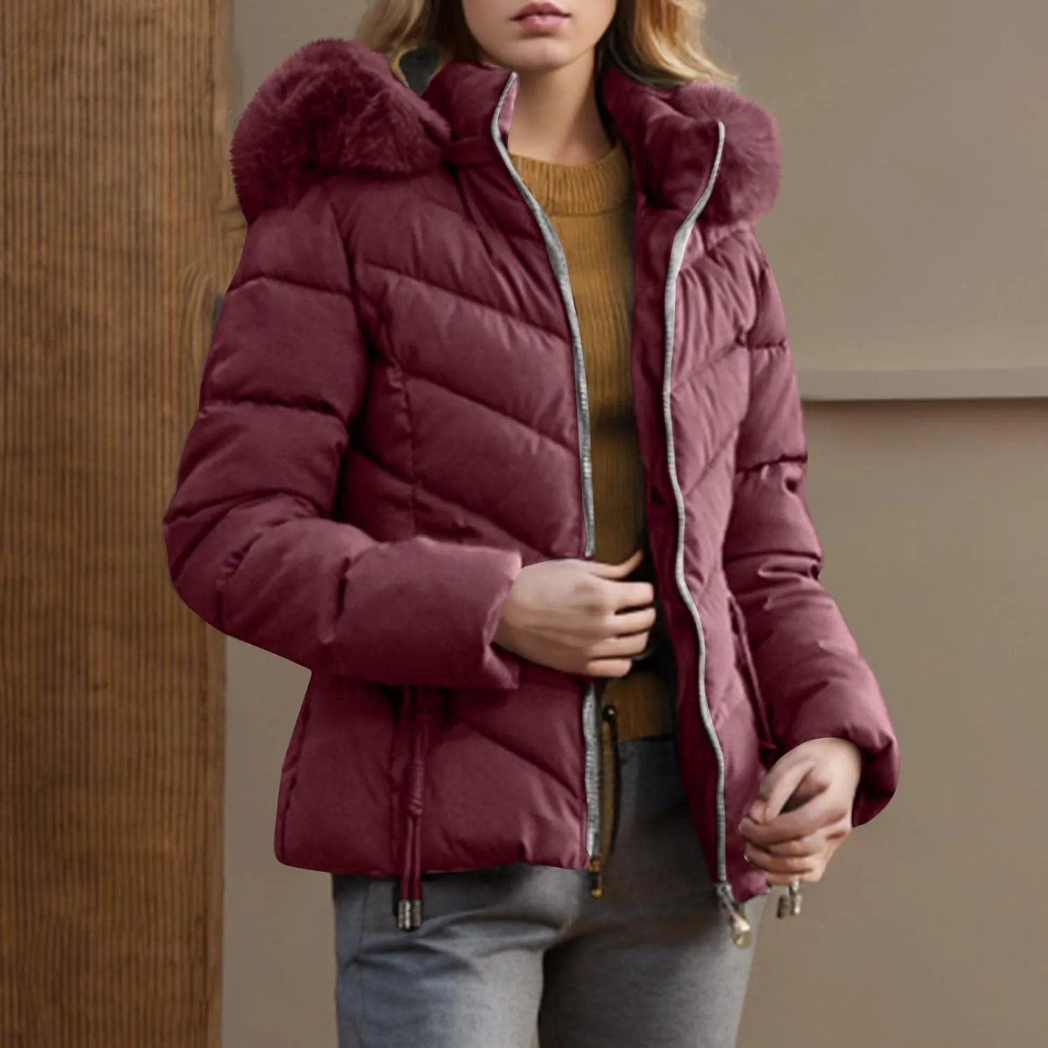 Puffer Jacket Women Winter Warm Down Coats Quilted Down Jackets Casual Zip Up Puffer Coat Faux Fur Hooded Outwear