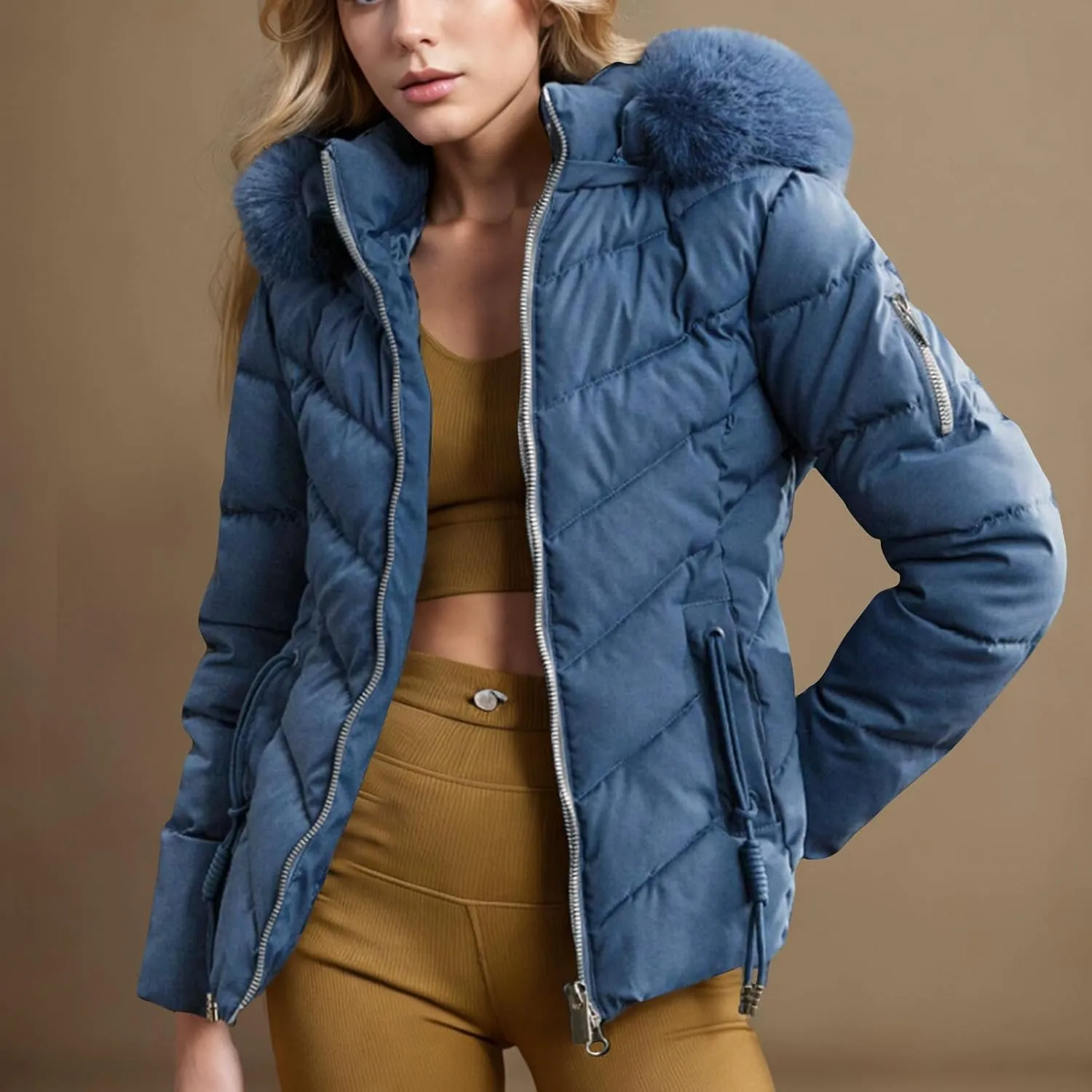 Puffer Jacket Women Winter Warm Down Coats Quilted Down Jackets Casual Zip Up Puffer Coat Faux Fur Hooded Outwear