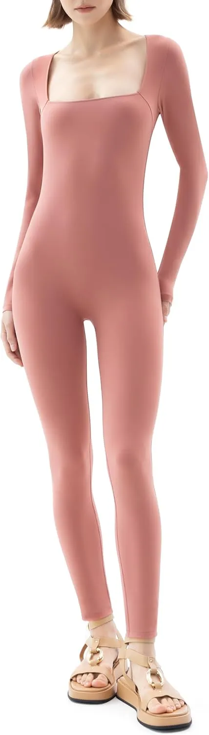 PUMIEY Jumpsuits for Women Square Neck Long Sleeve Bodycon Unitard One Piece Outfits Chill Collection