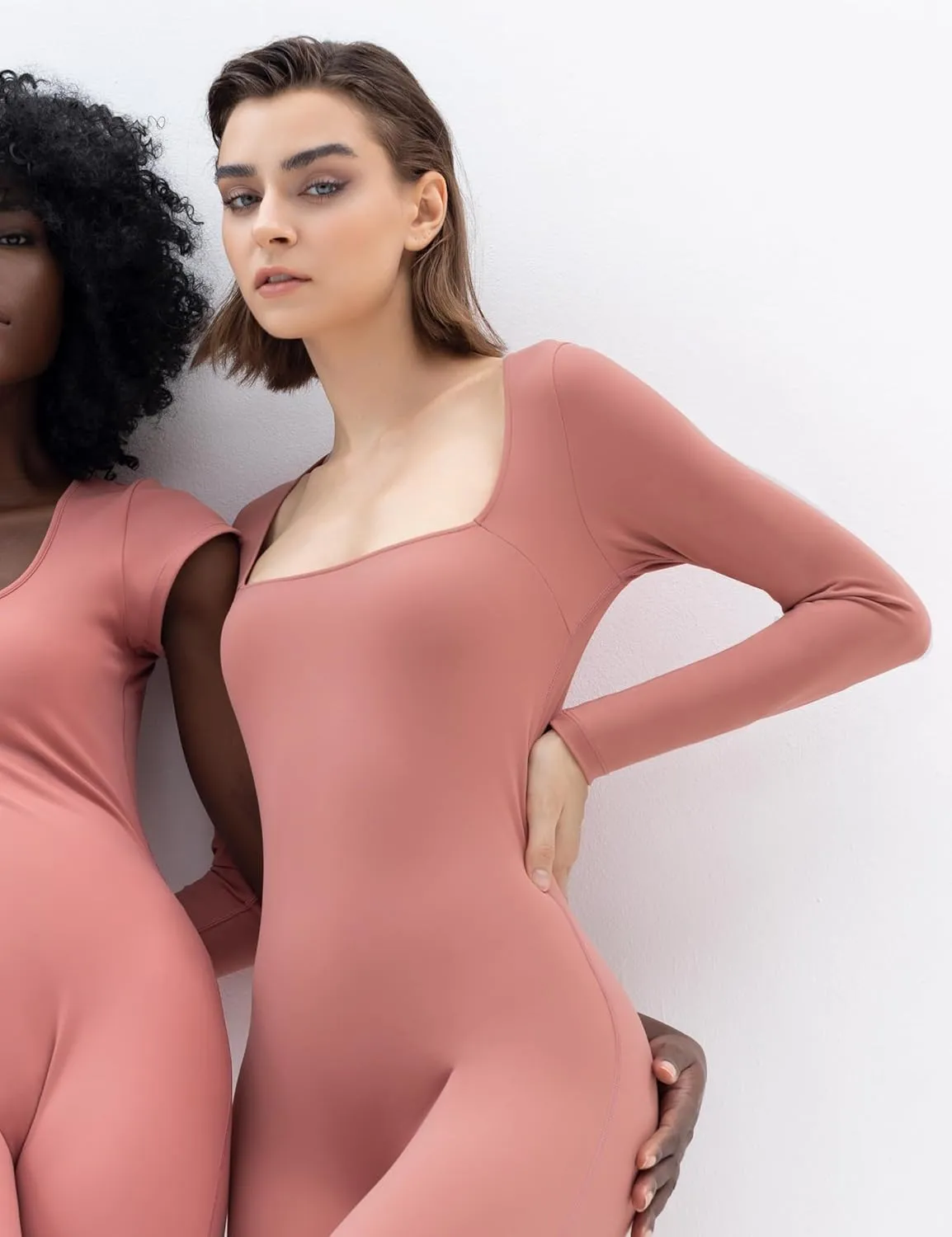 PUMIEY Jumpsuits for Women Square Neck Long Sleeve Bodycon Unitard One Piece Outfits Chill Collection