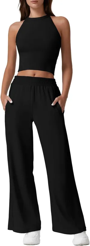 QINSEN Women's 2 Piece Sets Summer Ribbed Knit Crop Tank Tops Wide Leg Pants Sleeveless Tracksuit