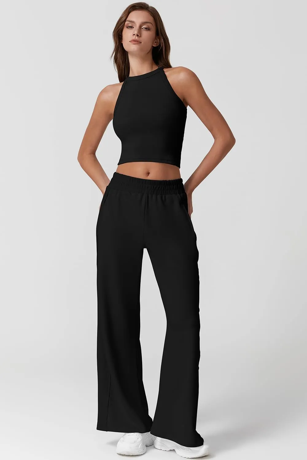 QINSEN Women's 2 Piece Sets Summer Ribbed Knit Crop Tank Tops Wide Leg Pants Sleeveless Tracksuit