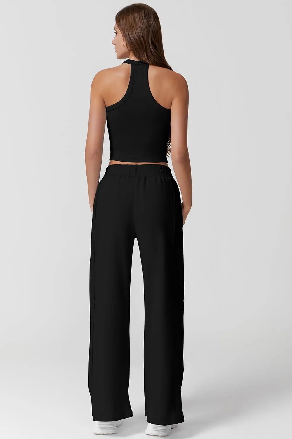 QINSEN Women's 2 Piece Sets Summer Ribbed Knit Crop Tank Tops Wide Leg Pants Sleeveless Tracksuit