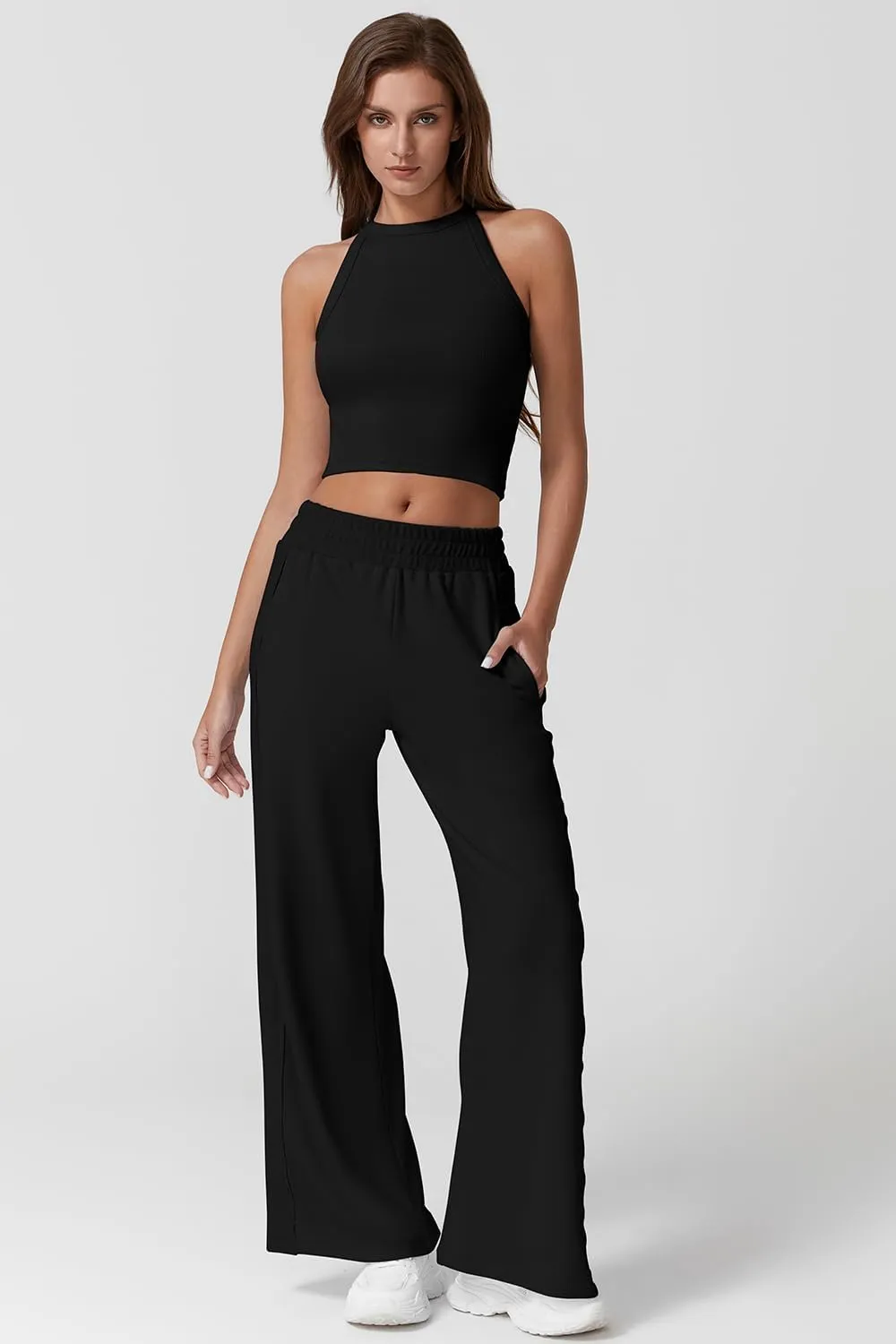 QINSEN Women's 2 Piece Sets Summer Ribbed Knit Crop Tank Tops Wide Leg Pants Sleeveless Tracksuit
