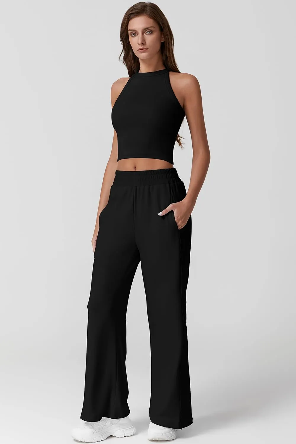 QINSEN Women's 2 Piece Sets Summer Ribbed Knit Crop Tank Tops Wide Leg Pants Sleeveless Tracksuit