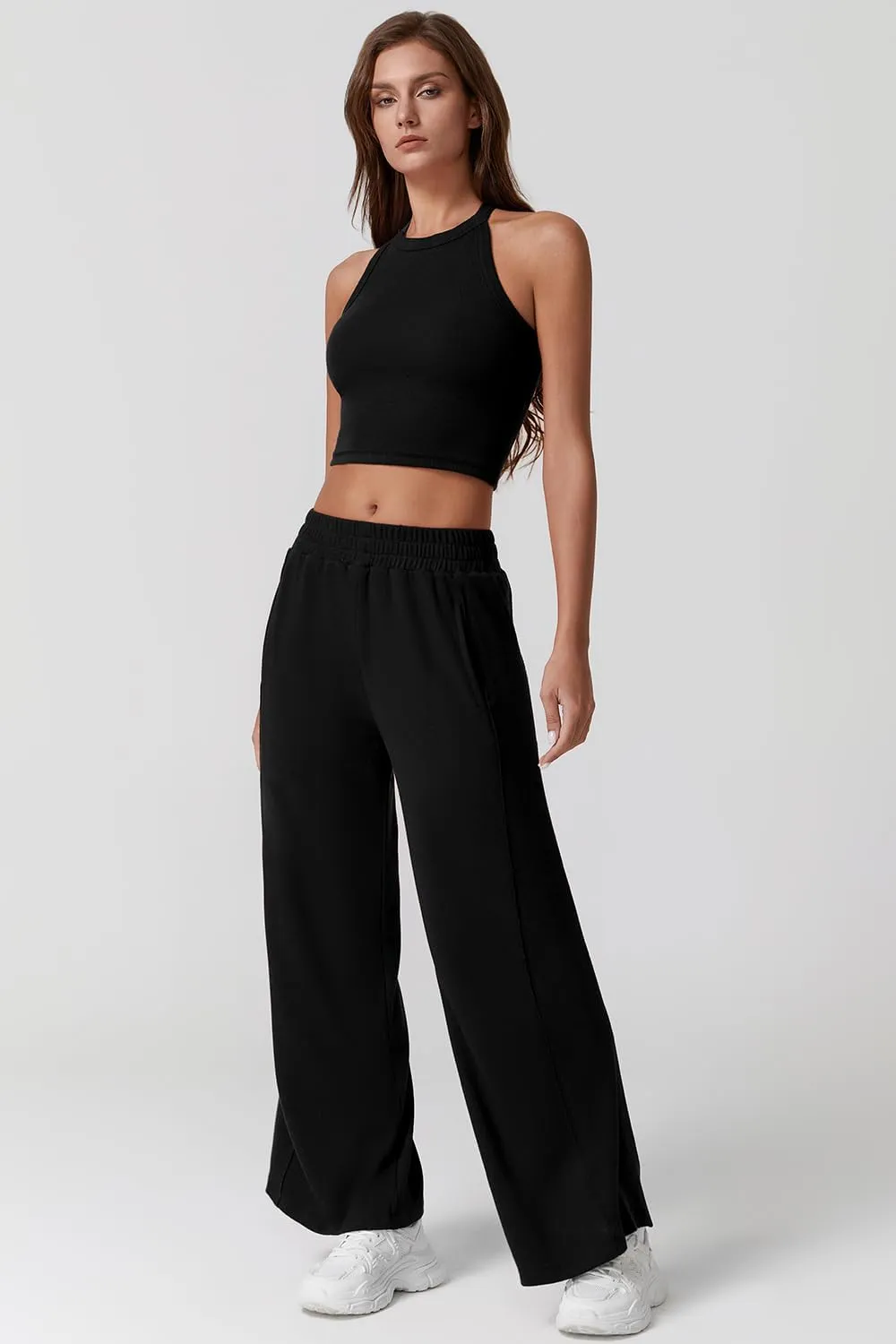 QINSEN Women's 2 Piece Sets Summer Ribbed Knit Crop Tank Tops Wide Leg Pants Sleeveless Tracksuit