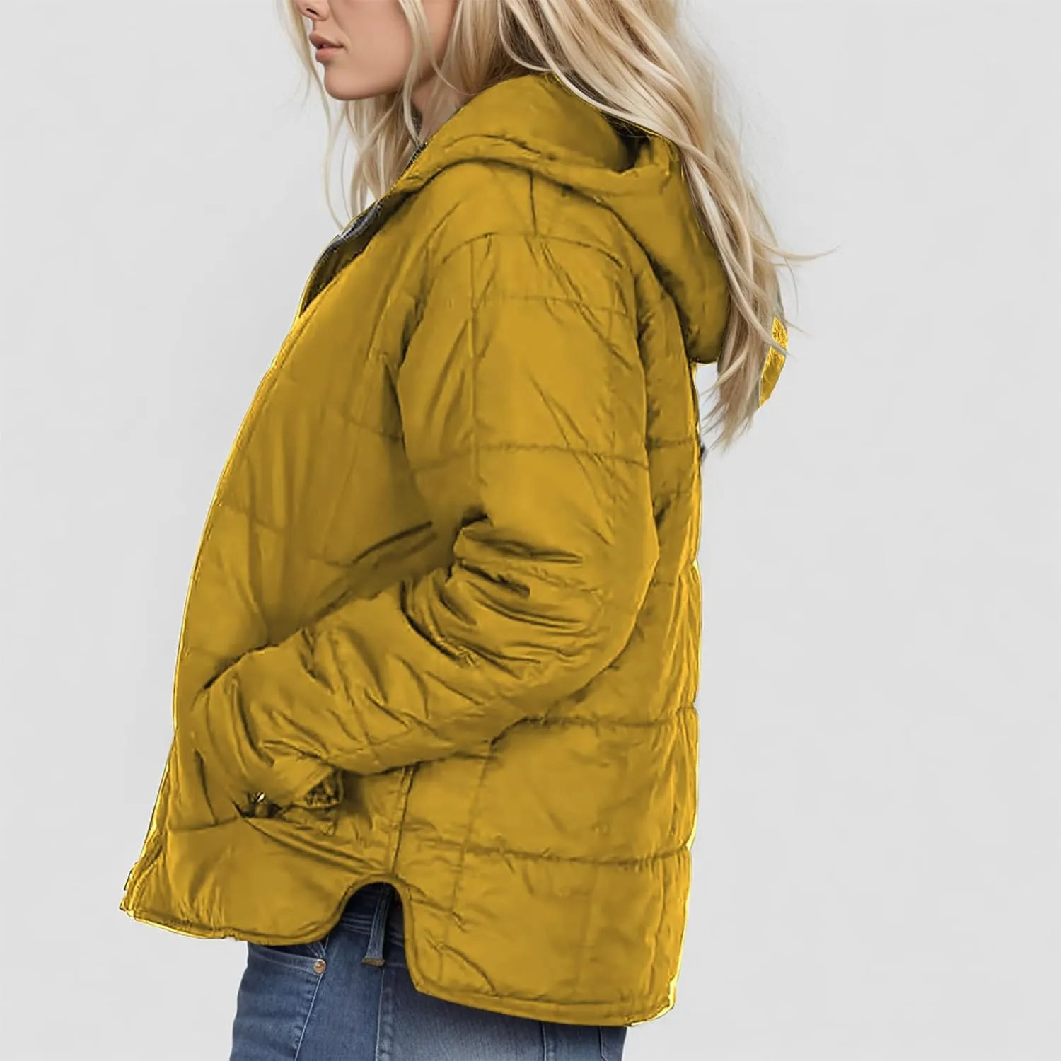 Quilted Jacket for Women Winter Long Sleeve Puffer Jackets Full Zipper Casual Down Coat Warm Fleece Padded Coats
