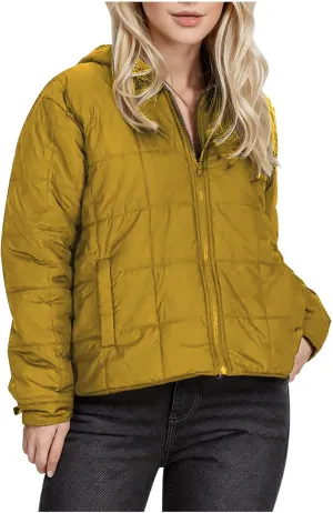 Quilted Jacket for Women Winter Long Sleeve Puffer Jackets Full Zipper Casual Down Coat Warm Fleece Padded Coats