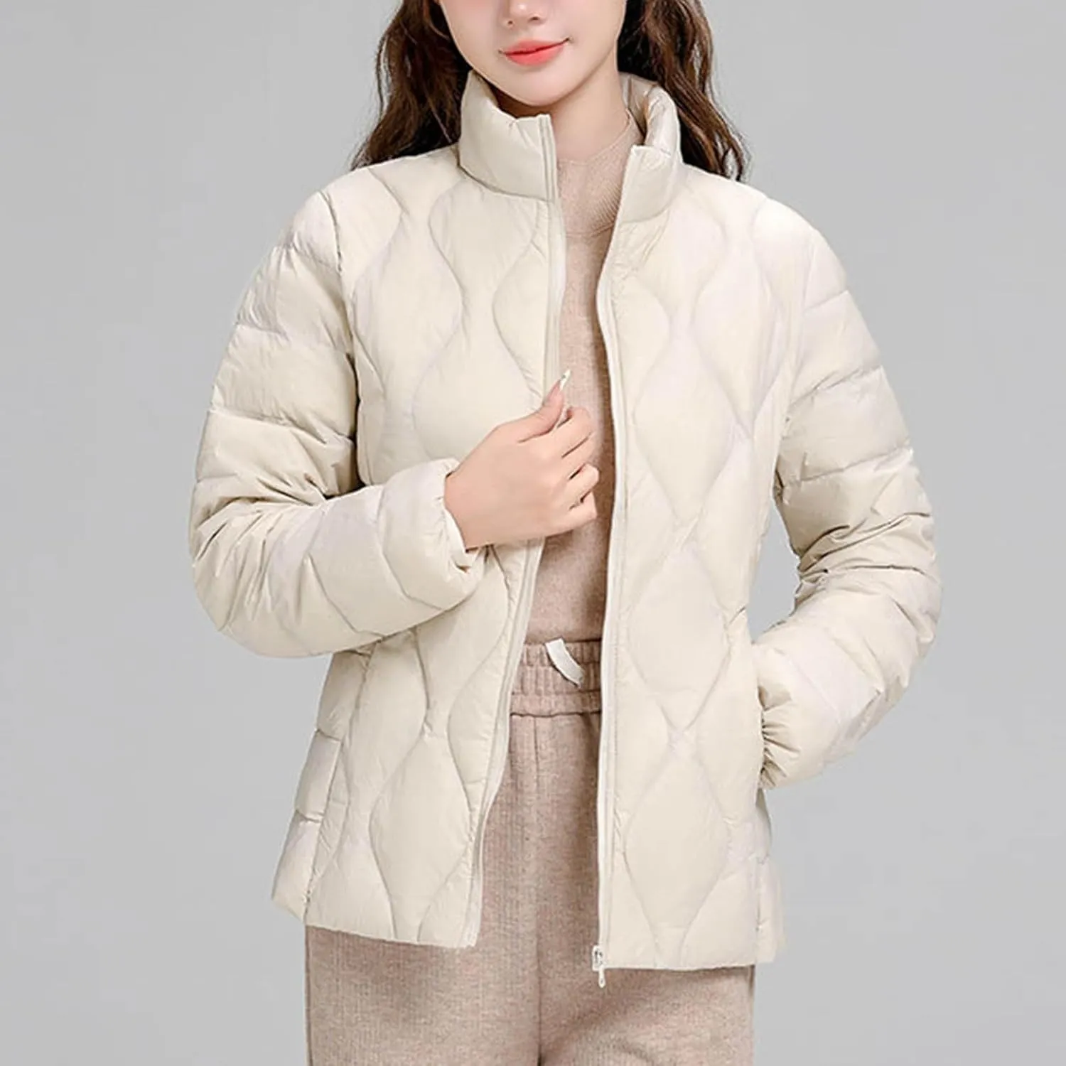 Quilted Lightweight Jackets for Women Plus Size Short Puffer Coats Stand Collar Zipper Down Jacket for Fall Winter