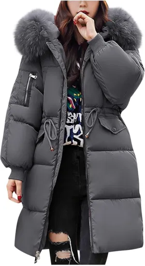 Quilted Puffer Long Jacket Womens with Faux Fur Hood Plus Size Thicken Outerwear Winter Warm Zip up down Overcoat