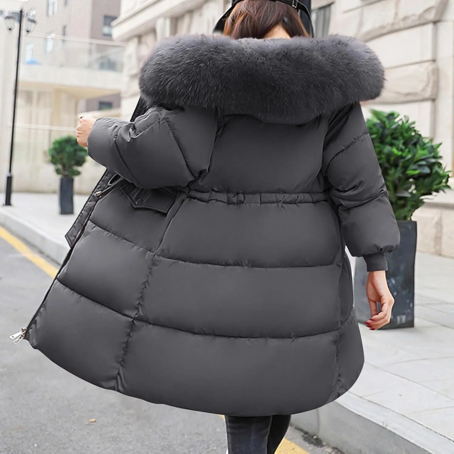Quilted Puffer Long Jacket Womens with Faux Fur Hood Plus Size Thicken Outerwear Winter Warm Zip up down Overcoat