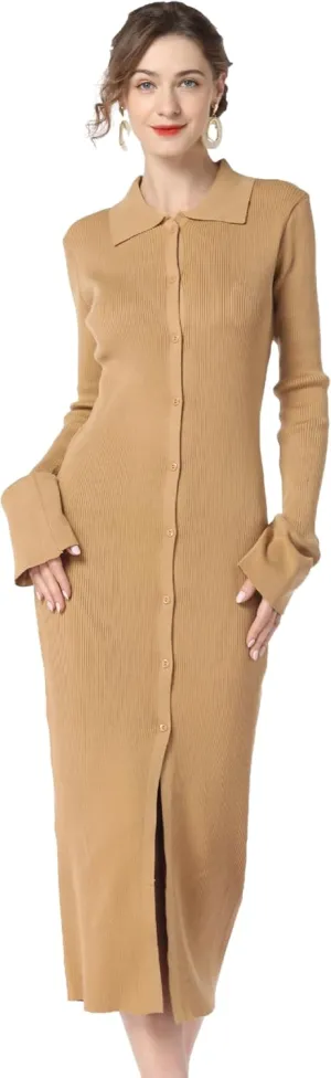 RanRui Women Long Sleeve Knit Dress Stripe Botton Down Knitted Dress Cardigan Sweater Dresses Ribbed Knit Bodycon Maxi Dress