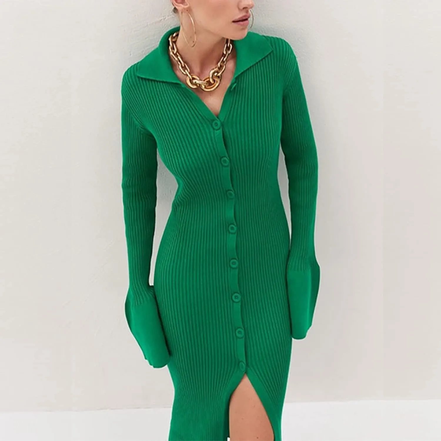 RanRui Women Long Sleeve Knit Dress Stripe Botton Down Knitted Dress Cardigan Sweater Dresses Ribbed Knit Bodycon Maxi Dress