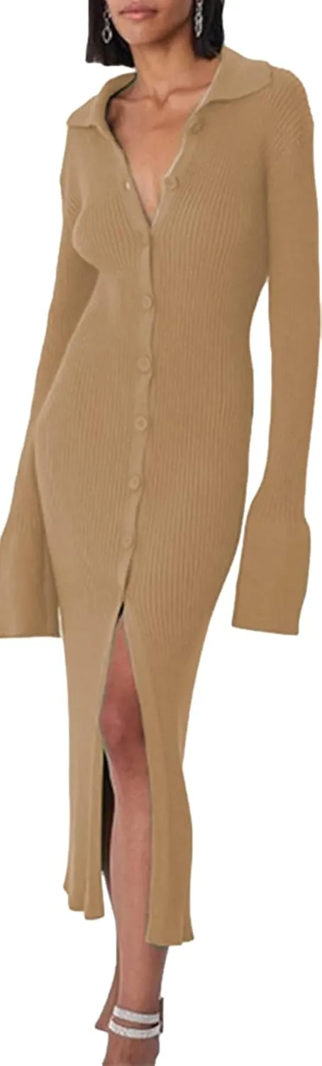 RanRui Women Long Sleeve Knit Dress Stripe Botton Down Knitted Dress Cardigan Sweater Dresses Ribbed Knit Bodycon Maxi Dress