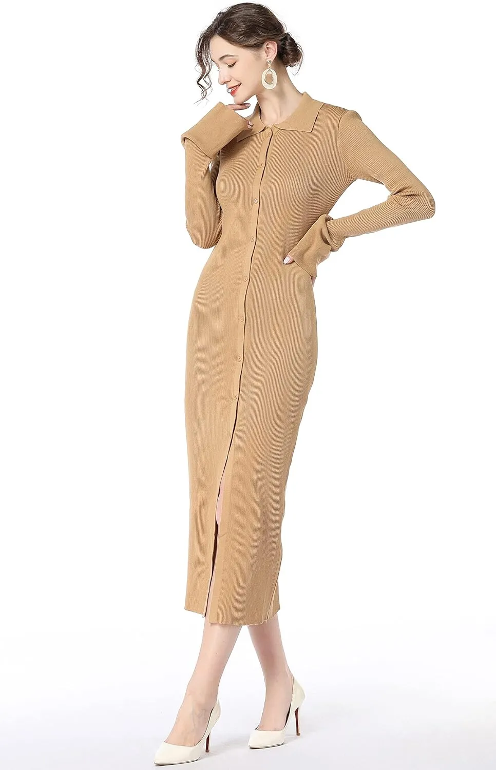 RanRui Women Long Sleeve Knit Dress Stripe Botton Down Knitted Dress Cardigan Sweater Dresses Ribbed Knit Bodycon Maxi Dress