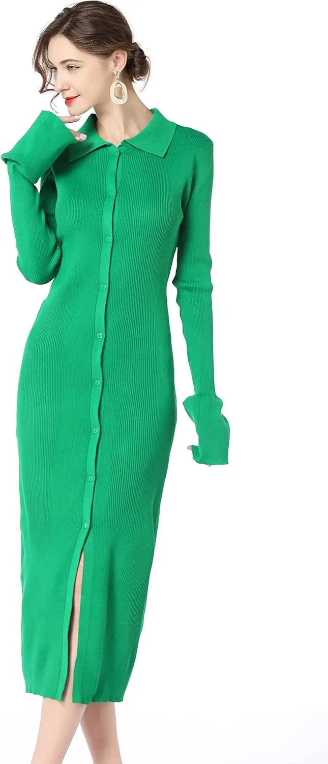 RanRui Women Long Sleeve Knit Dress Stripe Botton Down Knitted Dress Cardigan Sweater Dresses Ribbed Knit Bodycon Maxi Dress