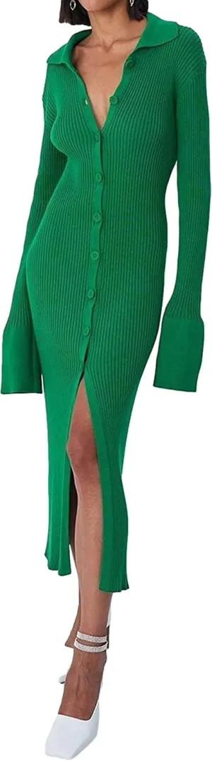 RanRui Women Long Sleeve Knit Dress Stripe Botton Down Knitted Dress Cardigan Sweater Dresses Ribbed Knit Bodycon Maxi Dress
