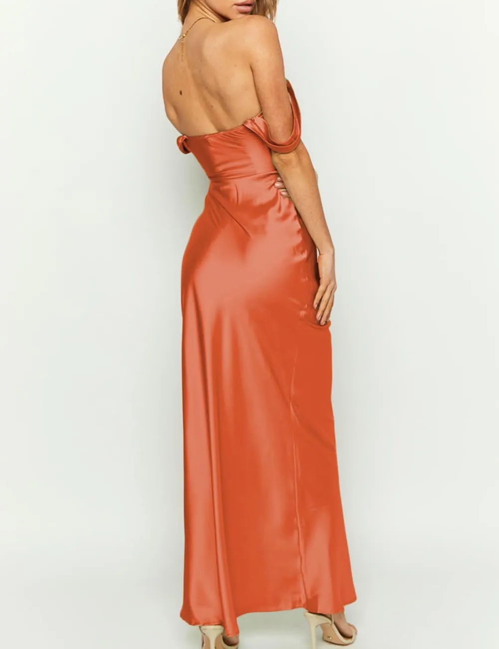 Realtix Elegant Satin Off The Shoulder Ruched Backless Maxi Dress for Women Strapless Tube Sleeveless Bridesmaid Dresses