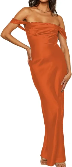 Realtix Elegant Satin Off The Shoulder Ruched Backless Maxi Dress for Women Strapless Tube Sleeveless Bridesmaid Dresses