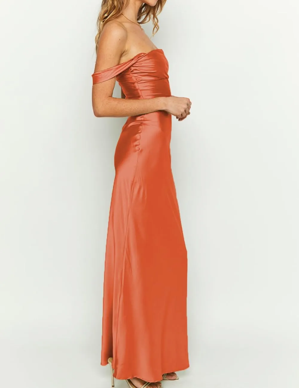 Realtix Elegant Satin Off The Shoulder Ruched Backless Maxi Dress for Women Strapless Tube Sleeveless Bridesmaid Dresses