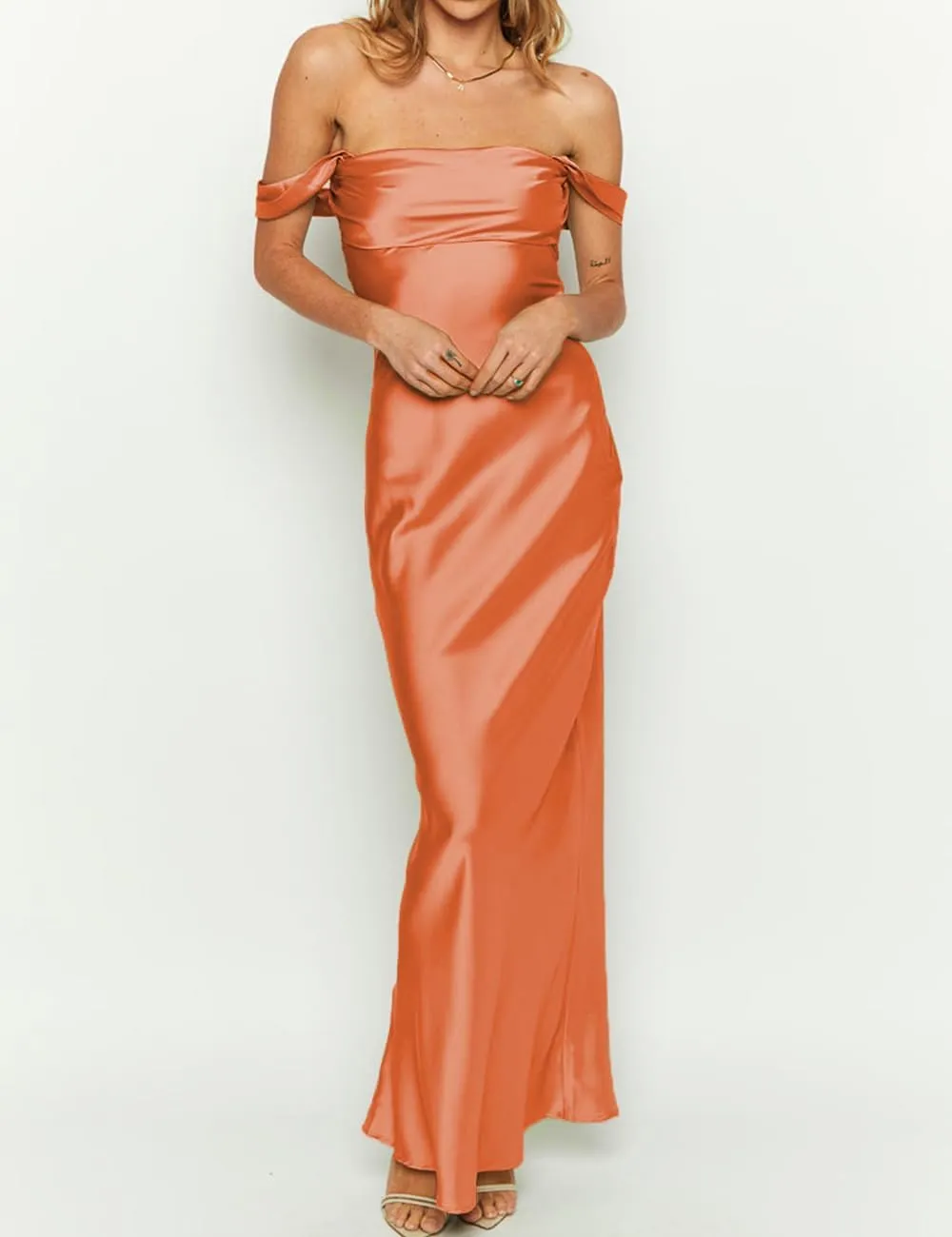 Realtix Elegant Satin Off The Shoulder Ruched Backless Maxi Dress for Women Strapless Tube Sleeveless Bridesmaid Dresses