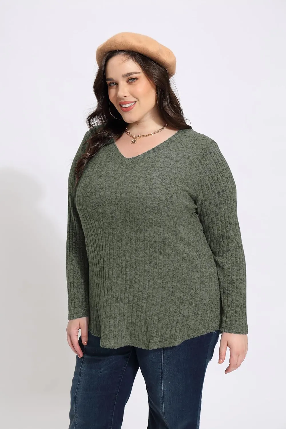 RITERA Plus Size Tops for Women Long Sleeve V/Cowl Neck Lightweight Sweatshirts Pullover Tunics Sweaters Fall Winter XL-5XL
