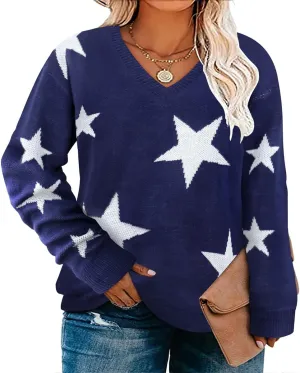 RITERA Womens Plus Size Sweaters Star Long Sleeve Casual Patriotic Pullover Warm Jumper Knit Tops XL-5XL