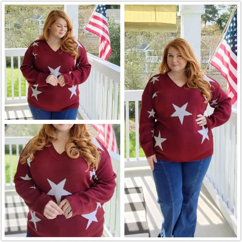 RITERA Womens Plus Size Sweaters Star Long Sleeve Casual Patriotic Pullover Warm Jumper Knit Tops XL-5XL