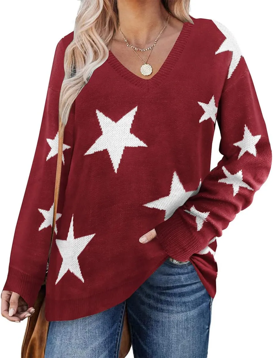 RITERA Womens Plus Size Sweaters Star Long Sleeve Casual Patriotic Pullover Warm Jumper Knit Tops XL-5XL