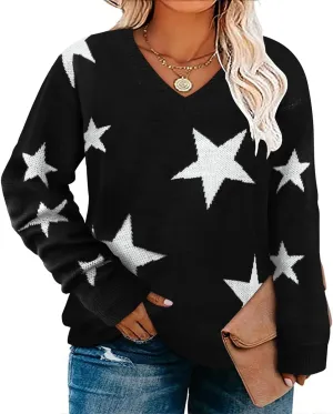 RITERA Womens Plus Size Sweaters Star Long Sleeve Casual Patriotic Pullover Warm Jumper Knit Tops XL-5XL