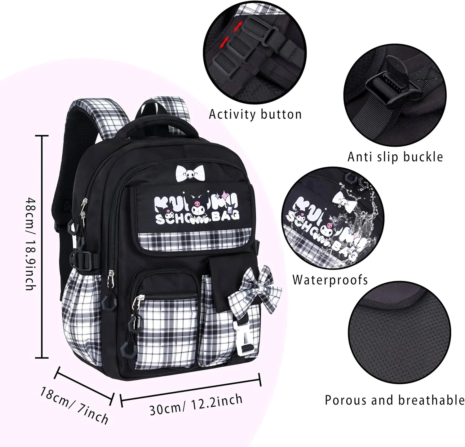 Roffatide Anime Kuromi Kawaii School Backpack for Girls Boys with 21Pcs Accessories Cartoon Students Aesthetic New Semester Gifts Laptop Backpack with Cute Pins, Anti-Theft, ID Badge Holder Black A