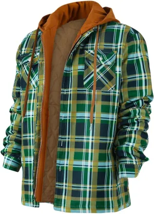 RTRDE Men's Long Sleeve Quilted Lined Shirt Jacket Zip Up Coat Outwear with Hood Jacket, M-5XL
