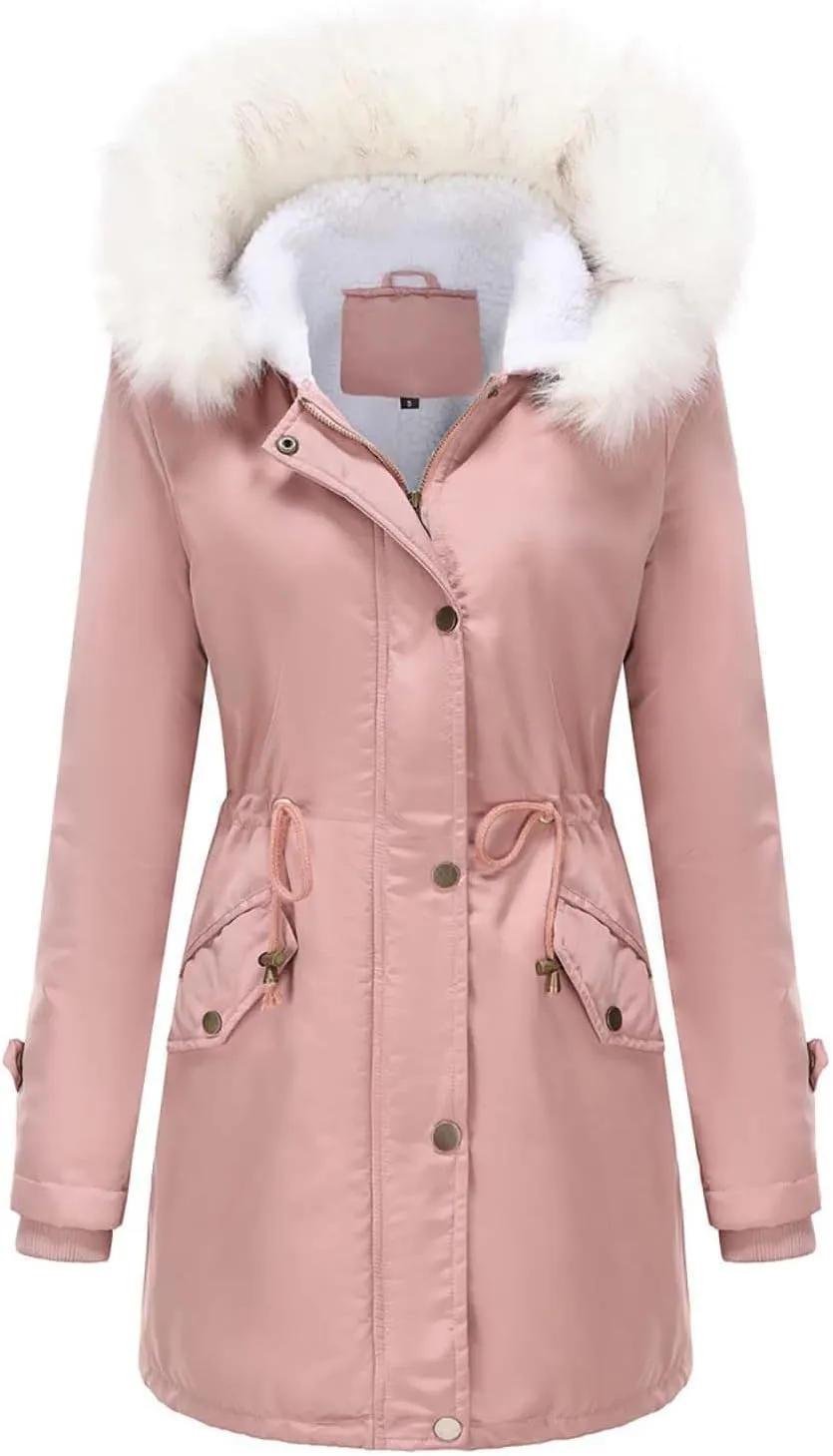 SACFOF Women's Warm Winter Puffer Coat Thicken Fleece Lined Down Parka Jacket Faux Fur Hood Snow Outwear